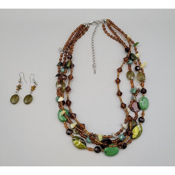 Multi-Strand Necklace and Matching Earrings Set Stone Plastic and Metallic Beads - Picture 5 of 8